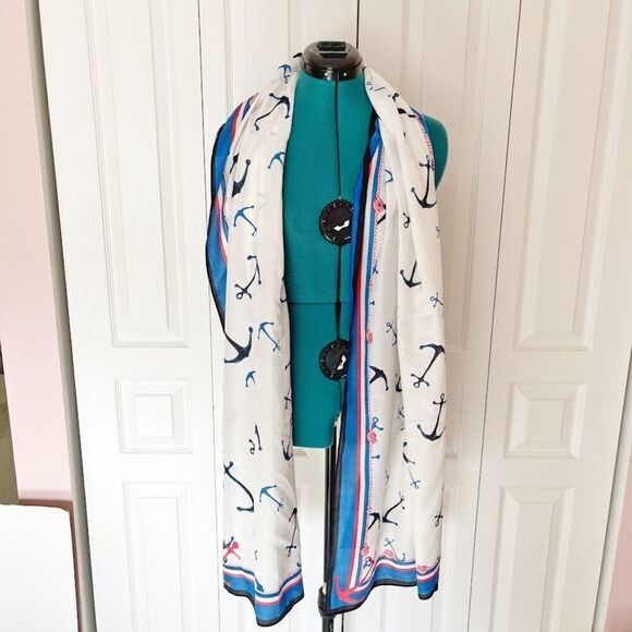 The Limited Red Blue White Anchor Nautical Cruise Polyester Long Wrap Scarf - Picture 2 of 6